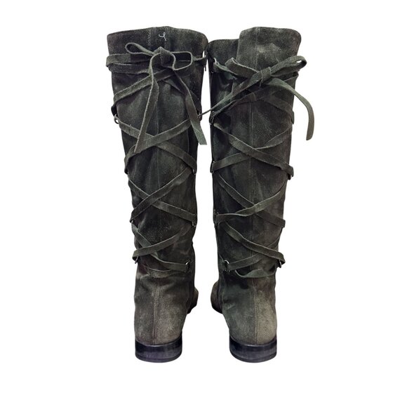 Vintage Suarez Italy Womens Olive Green Suede Knee High Lace Up Boots Side Zip 8 - Picture 3 of 12